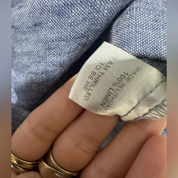 FLAX 100% LINEN BUTTON UP BLUE SHIRT 1/2 Roll Tab Sleeve Size Small Lagenlook - Picture 4 of 4